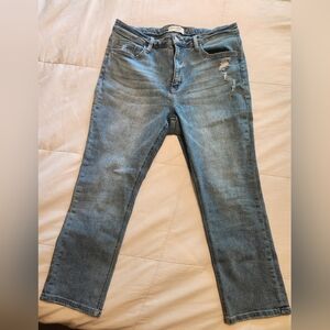 Blue Straight Leg Jeans with Raw Hem
